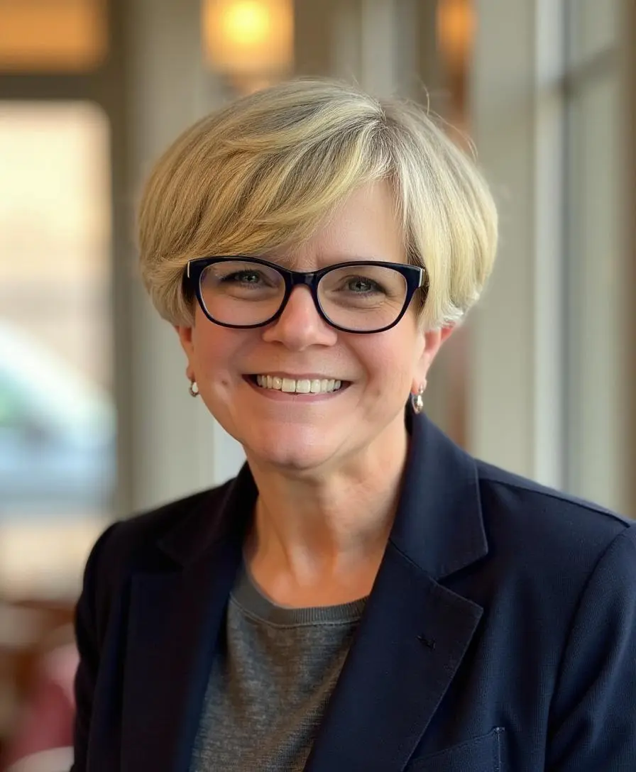 Smiling woman with short blonde hair and glasses, wearing a blazer.