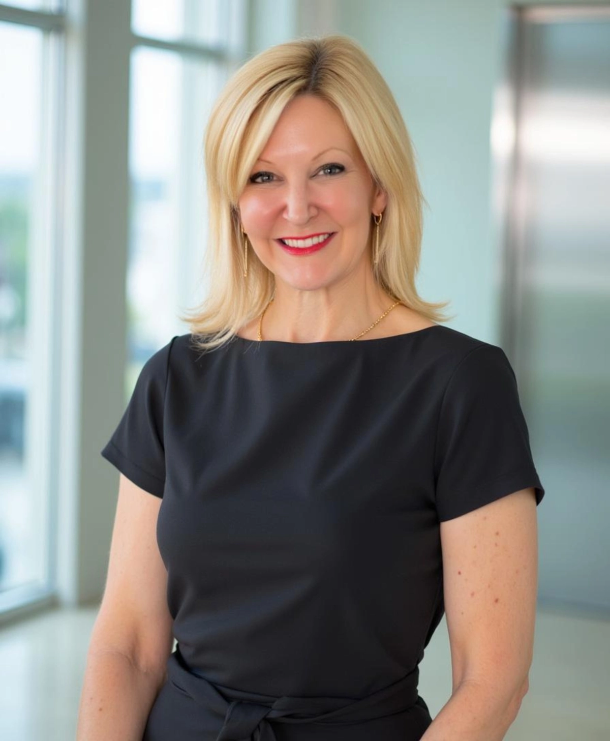 Confident woman in a black dress smiling indoors.