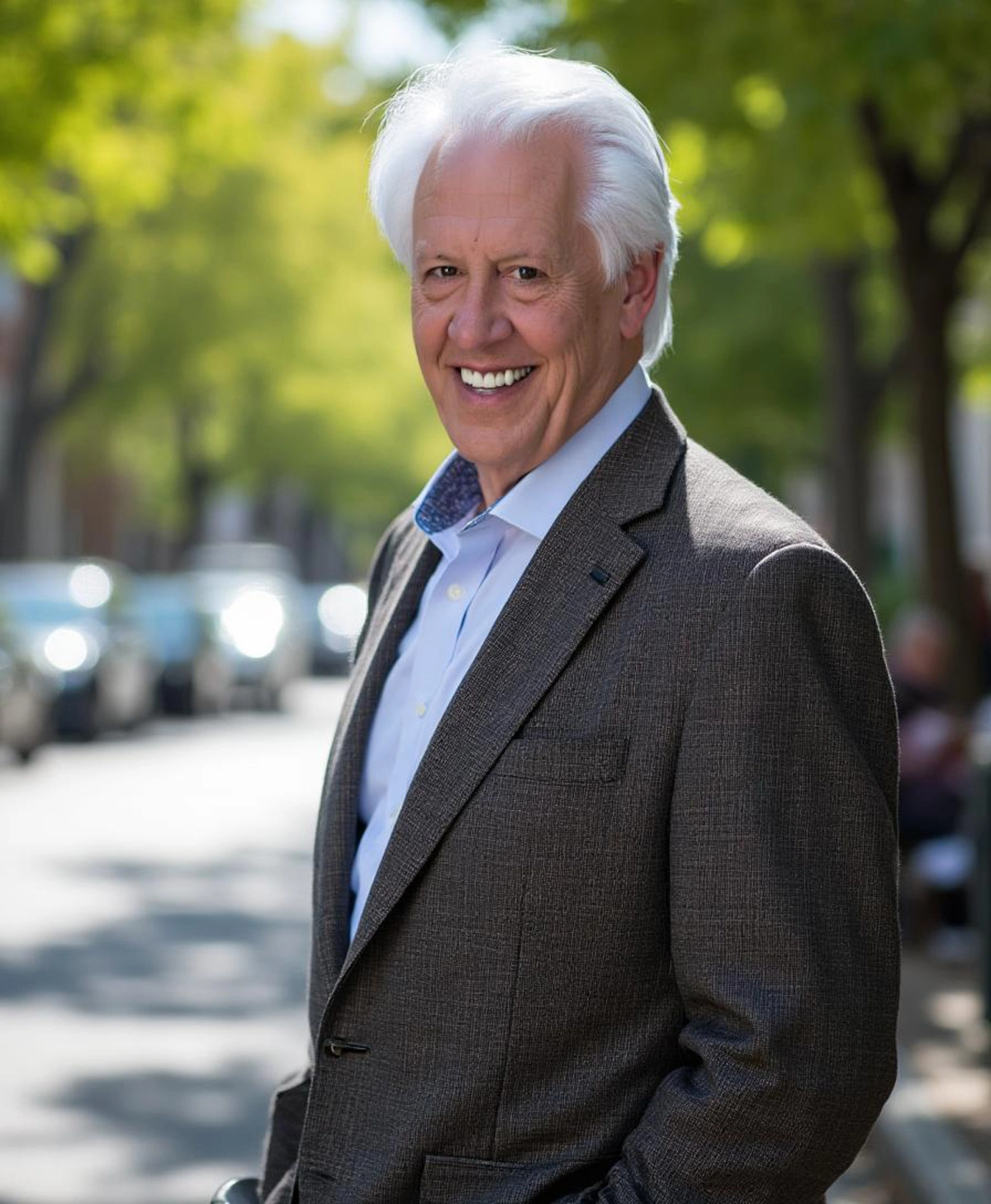 Smiling elderly man in a grey suit outdoors on a sunny day.